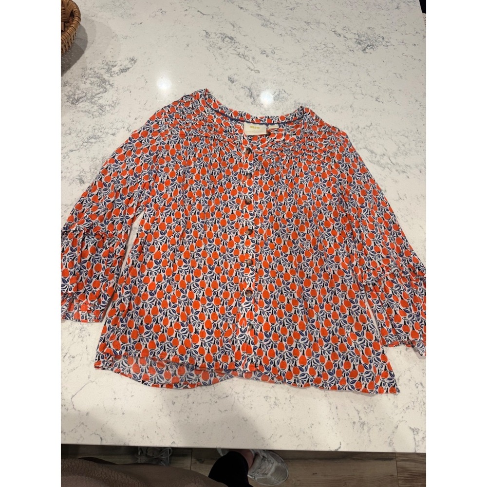 Maeve‎ Anthropologie Womens Small Orange Blue Fruit Print Ruffle Sleeve Blouse